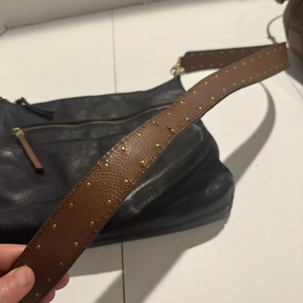 Fossil Sleek Black & Brown Pebbles Leather Crossbody Bag Purse